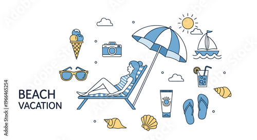 Relaxing beach vacation concept featuring a woman on a lounge chair surrounded by summer items like ice cream, camera, sunglasses, and shells.