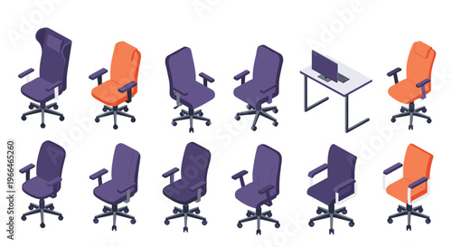 Collection of various ergonomic office chairs and a modern computer desk shown in an isometric view for workplace interior design.