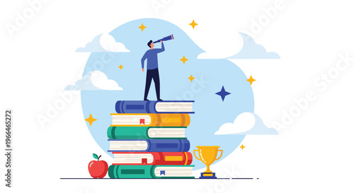 Concept of education and vision featuring a person standing on a tall stack of colorful books and looking through a telescope towards the stars.