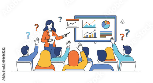 Professional female speaker giving a presentation with data charts on a screen to an audience with several people raising their hands.