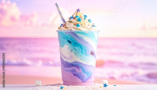 Whimsical Unicorn Drink on Beach with Pastel Colors and Sprinkles.