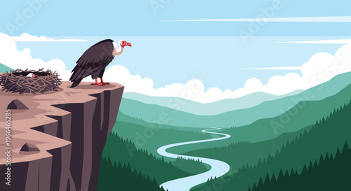 Large vulture bird standing on a rocky cliff edge overlooking a vast forested river valley under a clear morning sky.