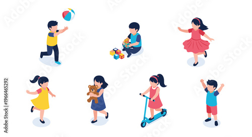 Diverse group of happy children engaged in various play activities like playing ball, blocks, dancing, and riding a scooter.