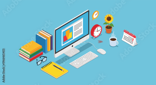 Isometric workspace scene on a blue background featuring a computer monitor, stack of books, notebook, coffee, and a calendar.