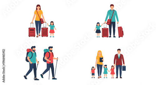 Different family and leisure travel scenarios showing parents and children with suitcases, hikers, and a business professional.