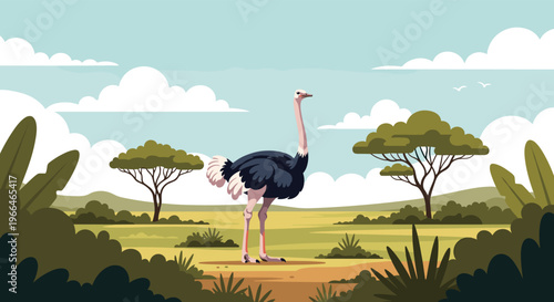 Large ostrich standing in a wide African savanna landscape with acacia trees, bushes, and clouds under a bright blue sky.