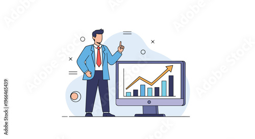 Professional man in a suit presenting a business growth chart on a large computer monitor with a positive upward trend.