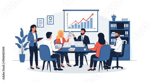 Business team having an active meeting around a conference table in a modern office with charts, data, and laptops.