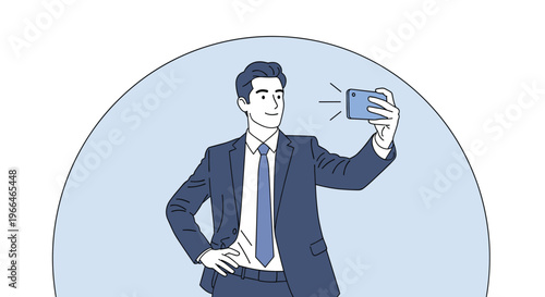 Young businessman in a stylish suit taking a selfie with his smartphone, representing modern communication and self-promotion.