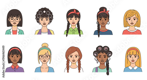 Diverse set of female avatar icons showing different hairstyles, skin tones, clothing styles, and accessories like glasses.