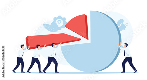 Team of business professionals working together to assemble a large red and blue pie chart, representing collaboration and goal achievement.