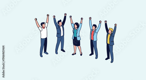 Group of diverse business people standing together and raising their arms in a celebration of shared success and victory.
