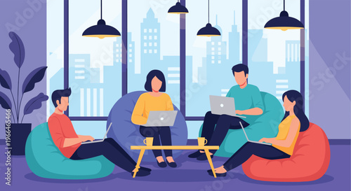 Creative team of young professionals working on laptops while sitting on colorful bean bags in a modern, casual office space.