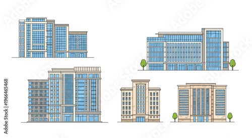 Selection of various modern office building designs with glass facades, clean architectural lines, and minimal landscaping.