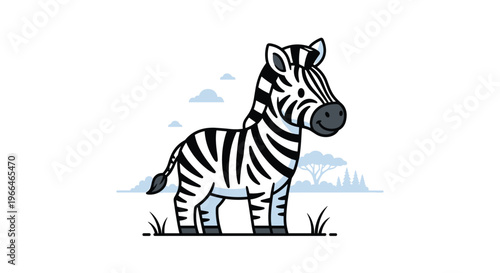Simple and cute illustration of a baby zebra standing in a minimal savanna landscape with light blue clouds and trees.