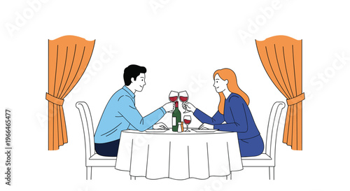 Romantic couple enjoying a dinner with a bottle of red wine and glasses, making a toast at a table in a restaurant setting.