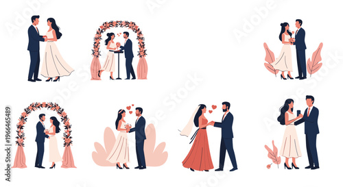 Various scenes of couples getting married, showing different poses and romantic settings like standing under floral wedding arches.