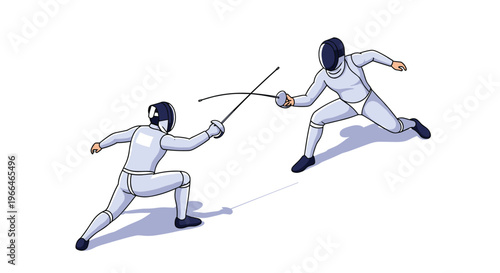 Two fencers engaged in a match with foils, wearing white protective gear and masks in a dynamic isometric action scene.