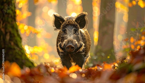 Wild Boar in Autumn Forest - A Portrait of Natures Resilience.
