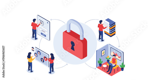 Advanced network security concept features a massive red padlock surrounded by people managing data and user access.