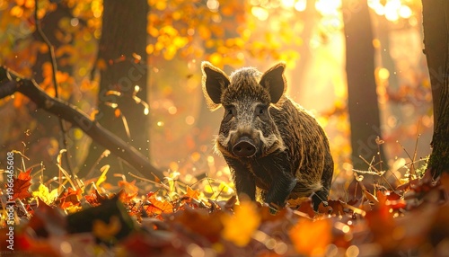 Wild boar in autumn forest illuminated by sunlight, foraging for food.