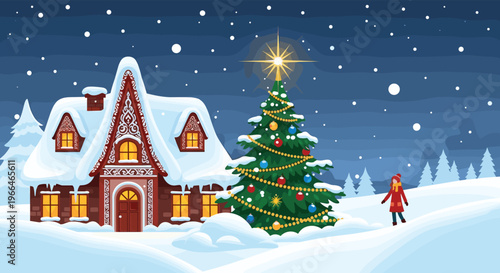 Charming snowy cottage and a decorated Christmas tree glow warmly during a peaceful winter night with falling snow.