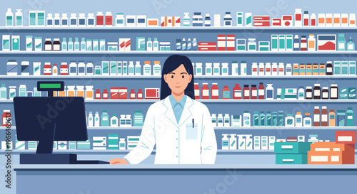Professional female pharmacist stands at a service counter in a modern pharmacy stocked with various medicines and health products.