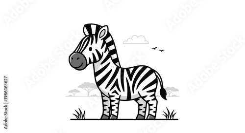 Cute black and white cartoon zebra stands in a grassy savanna with trees and clouds in the background landscape.