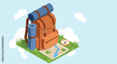 Outdoor adventure camping equipment set includes a brown backpack, rolled sleeping mats, a map, and a vintage compass.
