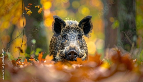 Wild boar in autumn forest, portrait of a wild animal.