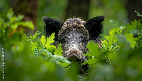 Wild Boar Peeking Through Lush Greenery in the Forest.