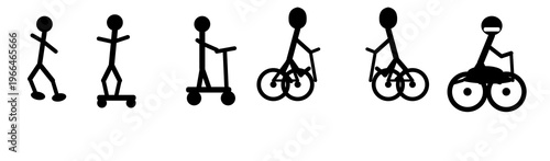 Visual progression of individual mobility A concise set of stick figure icons depicting movement from walking to wheeled transport