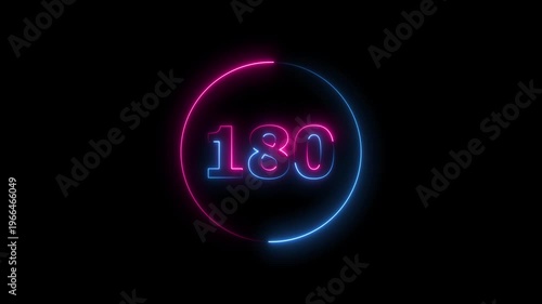 A circle animation, and glowing neon number 180 animation. on a black background. 4k video