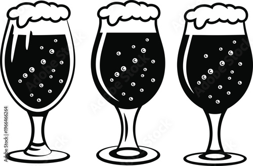 Beer glass icons set, frothy beverage mugs in outline style bar drink vector illustration design