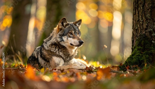 Wolf Resting in Autumn Forest - A Serene Wildlife Encounter.