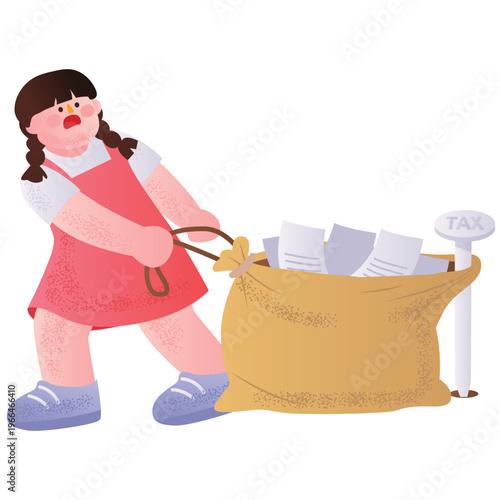 Tax Season Illustration. Vector illustration of Girl pulling heavy bag filled with tax documents. Isolated on background