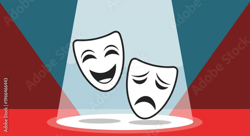 Comedy and tragedy theater masks illuminated by a spotlight on a stage with red and blue background.