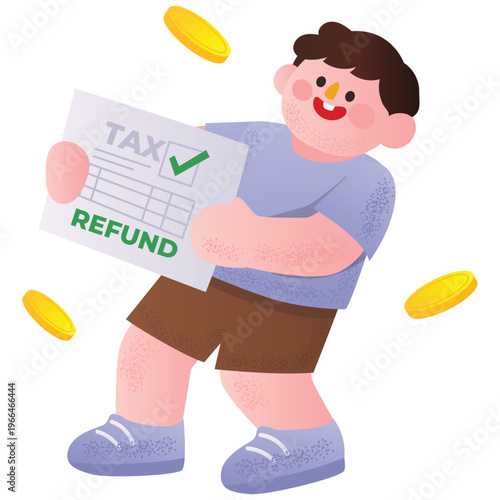 Tax Season Illustration. Vector illustration of Man holding refund tax form with coins celebrating. Isolated on background