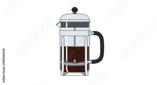 Classic glass and stainless steel french press coffee maker filled with dark brewed coffee on white background.