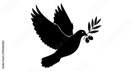 Black silhouette of a flying dove holding an olive branch in its beak