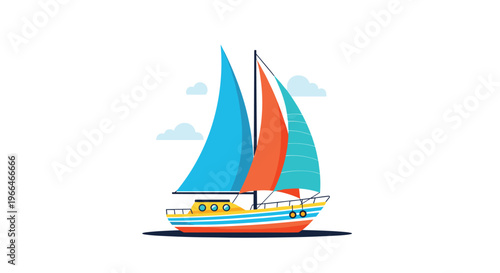 Sailing yacht cruising on the calm sea with bright blue and orange sails under some light clouds on a white background.