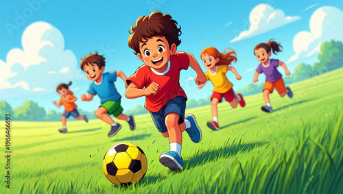 Group of animated children playing soccer on a sunny field