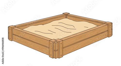 Simple rectangular wooden sandbox filled with clean sand for children to play in an outdoor playground or backyard garden.