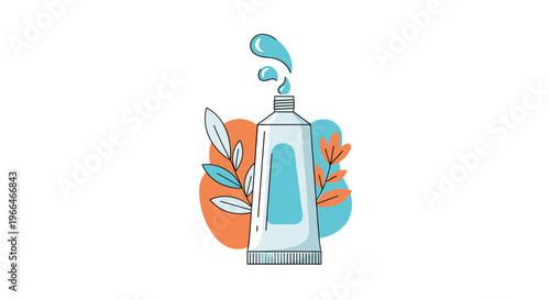 Tube of medicinal cream or cosmetic lotion with water drops and stylized plant leaves representing natural skin care products.