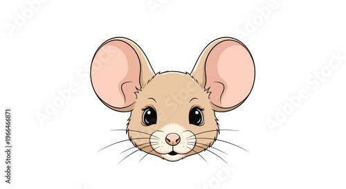 Detailed illustration of a cute mouse head with large round ears, bright eyes, and long whiskers on a white background.