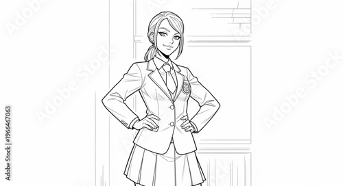 Anime School Girl in Blazer and Skirt Standing Confidently.