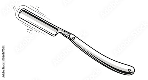 Classic straight razor with a long metal blade and a black handle shown with motion lines suggesting a shaving action.