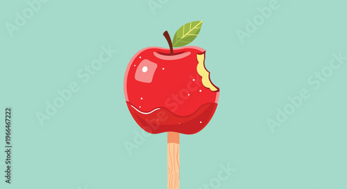 Red candy apple on a wooden stick with a bite taken out of it showing the white flesh inside on a light teal background.