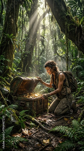 Amazed female adventurer discovering hidden gold treasure in a dense tropical rainforest
