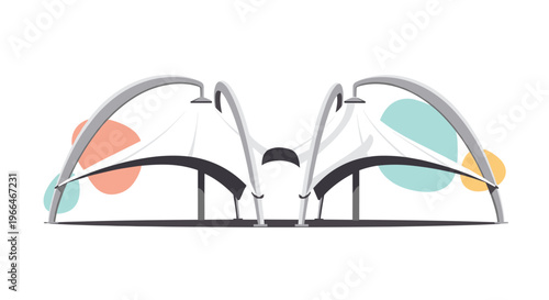 Modern architectural structure featuring a series of white tension fabric canopies supported by large gray metal arches.